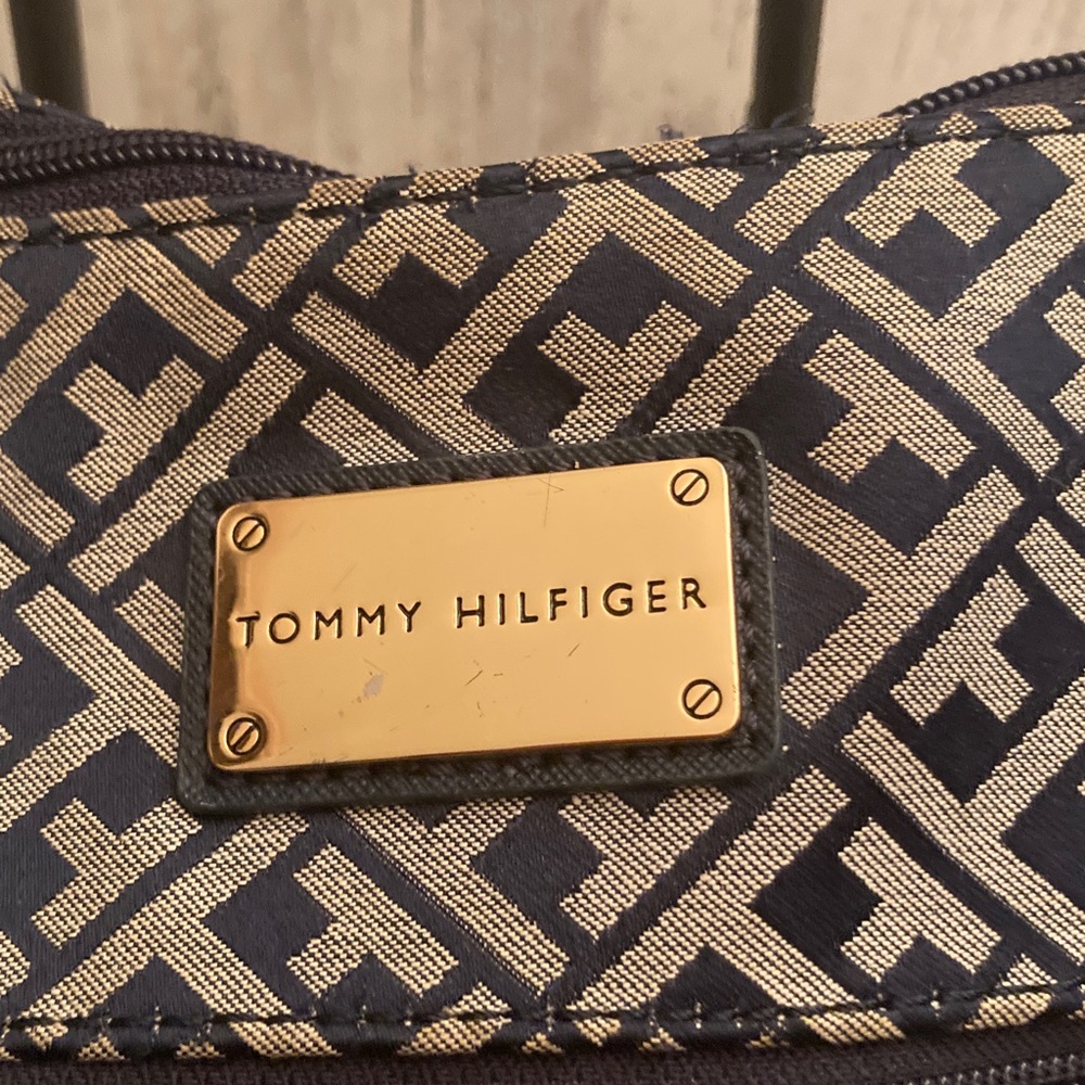 Tommy  Hilfiger Navy Blue / Beige Embossed Allover Monogram  Shoulder Bag - Picture 4 of 14